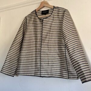 Lafayette 148 Beige & Black Striped Stitched Sequin Jacket Quiet Luxury Sz L